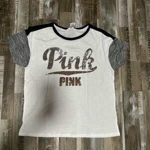 PINK Victoria's Secret  Sequin Logo Tee - White and Gray